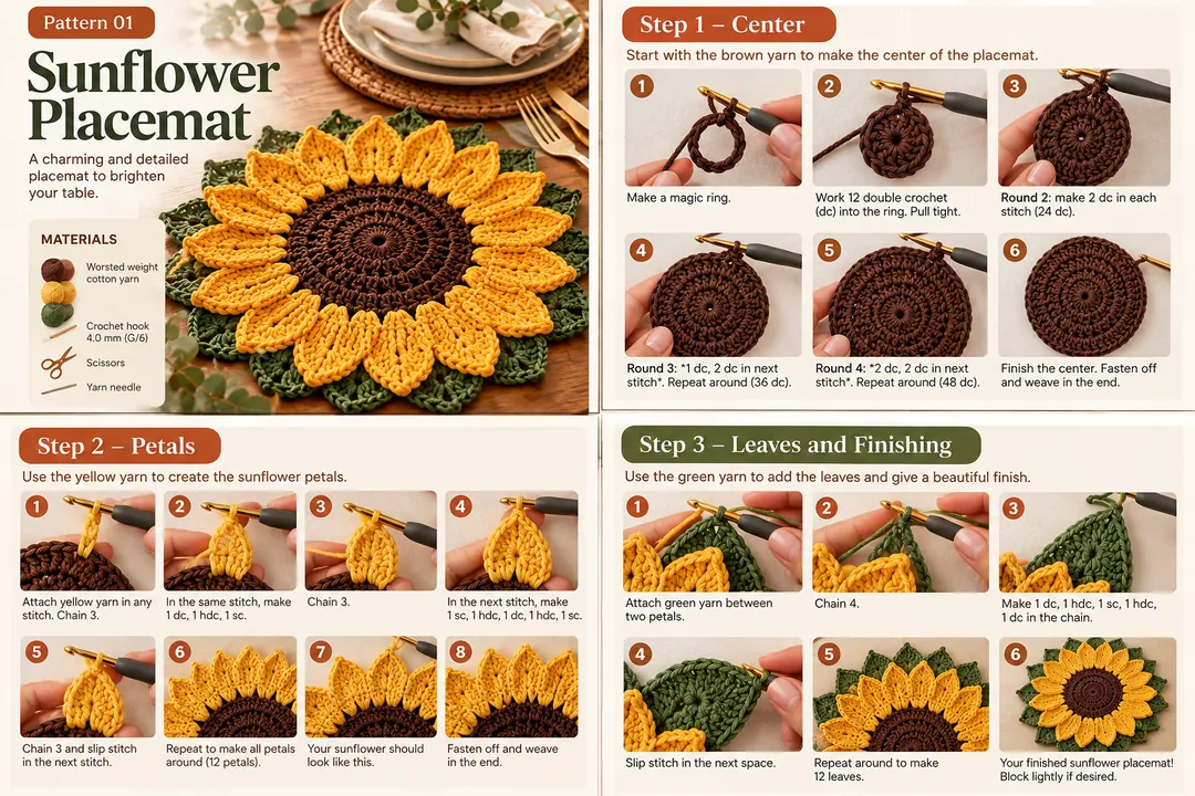 Sunflower Placemat pattern pages: materials, center rounds, petals and leaves with numbered photo steps