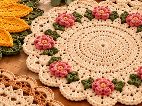 Cream lace crochet placemat with pink roses