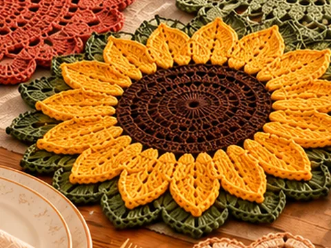 Crochet sunflower placemat with yellow petals and green leaves